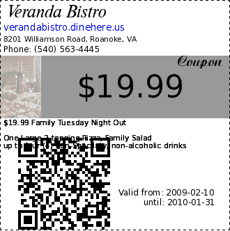 Veranda Bistro coupon : $19.99 Family Tuesday Night Out
 
 One Large 2-topping Pizza, Family Salad
 up to four (4) non-Specilaty, non-alcoholic drinksAvailable for Dine-In only